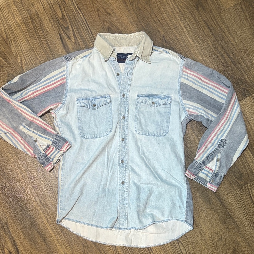 Vintage Wrangler Light Denim Button Up Shirt with Striped Sleeves Cowboy AMERICA